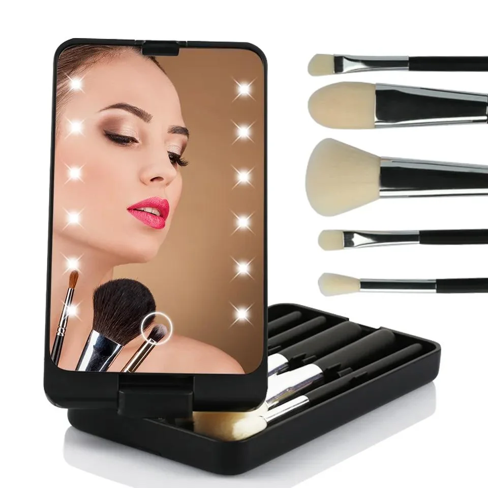 Makeup Tools Sets Kits Travel Set Custom Logo Compact Mirror Brushes Makeup Brush Mirror Set with LED Lights