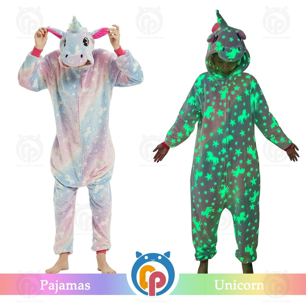 Nuevo estilo de fábrica barata al por mayor parte de la familia por la noche de invierno ropa luminosa Unicorn pijamas