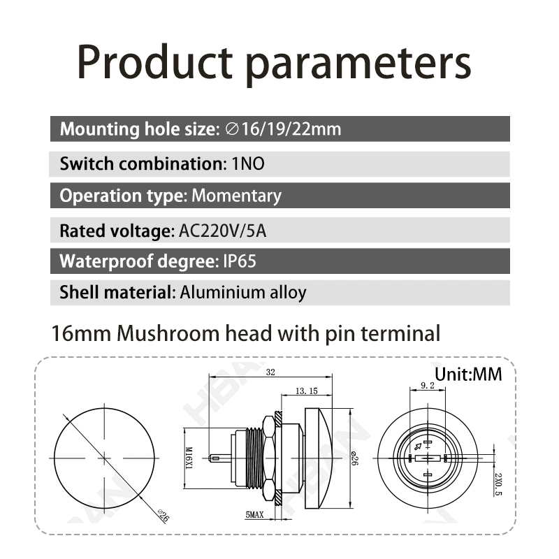 Zn Alu Alloy Momentary 1no Screw Terminal 16mm Mushroom Push Button Green Head