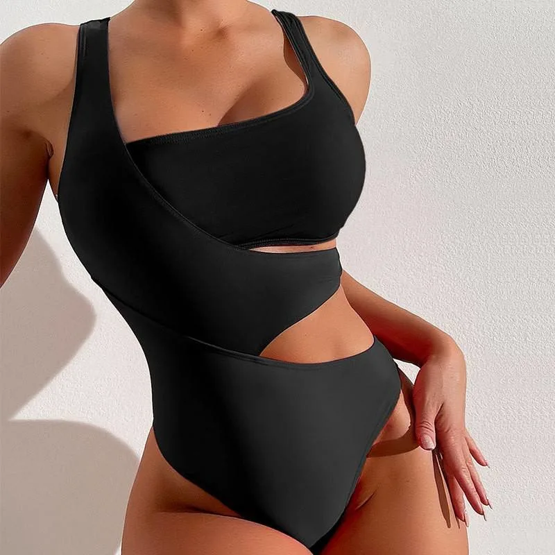 Customized 2023 New Arrival Vocation Bodysuits for Women One Piece Swimsuit Transparent Black Patchwork Beach Swimwear