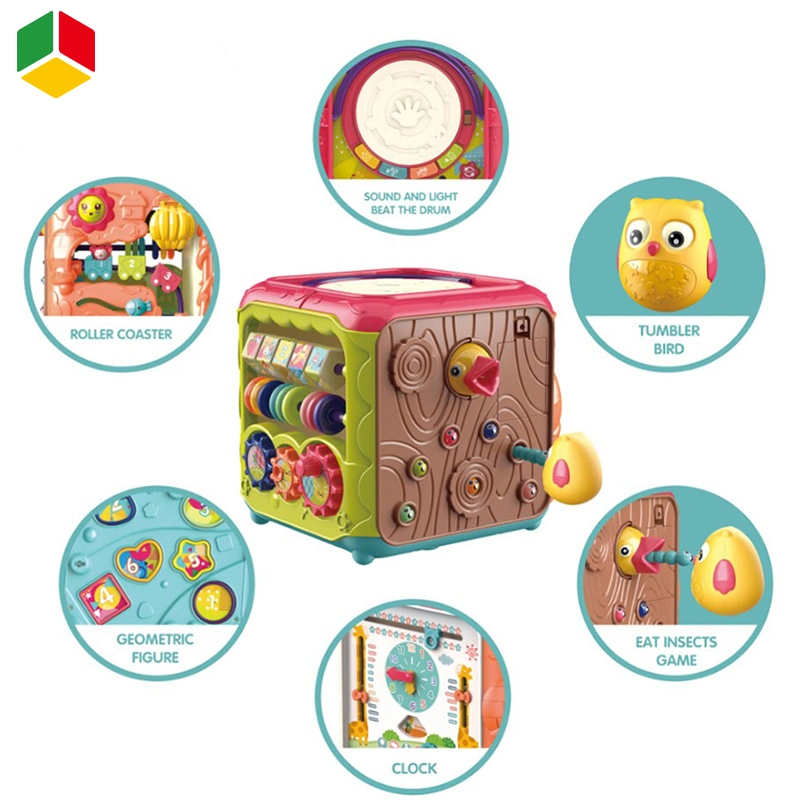 QS Amazon Hot Sell Early Education Learning Baby 6 Sides Musical Toy 6 in 1 Toy Electric Magic Puzzle Box Set Music Hand Drum Activity Cube Toys for Kids