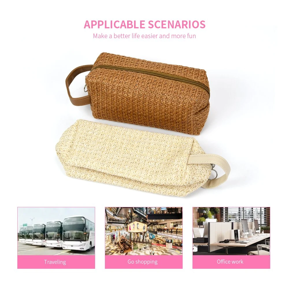 Travel Organizer Toiletry Bag Cosmetic Straw Weave Cosmetic Bags with Handle Pouch