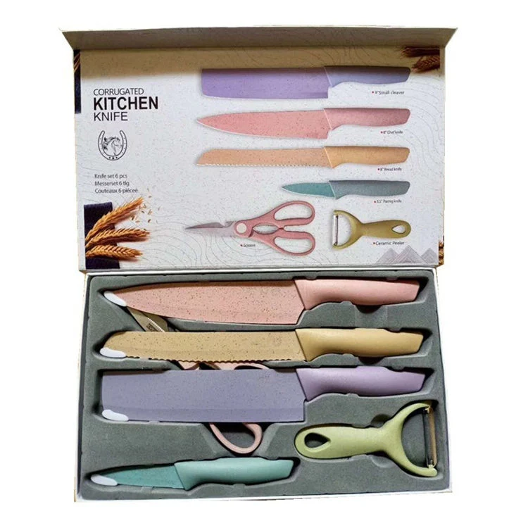 Amazon Top Seller Eco-Friendly Colorful PP Handle Wheat Straw Knife Set Kitchen Ware Stainless Steel Knife Set in 6 PCS Promotional Gift Kitchen Chef Knife Set