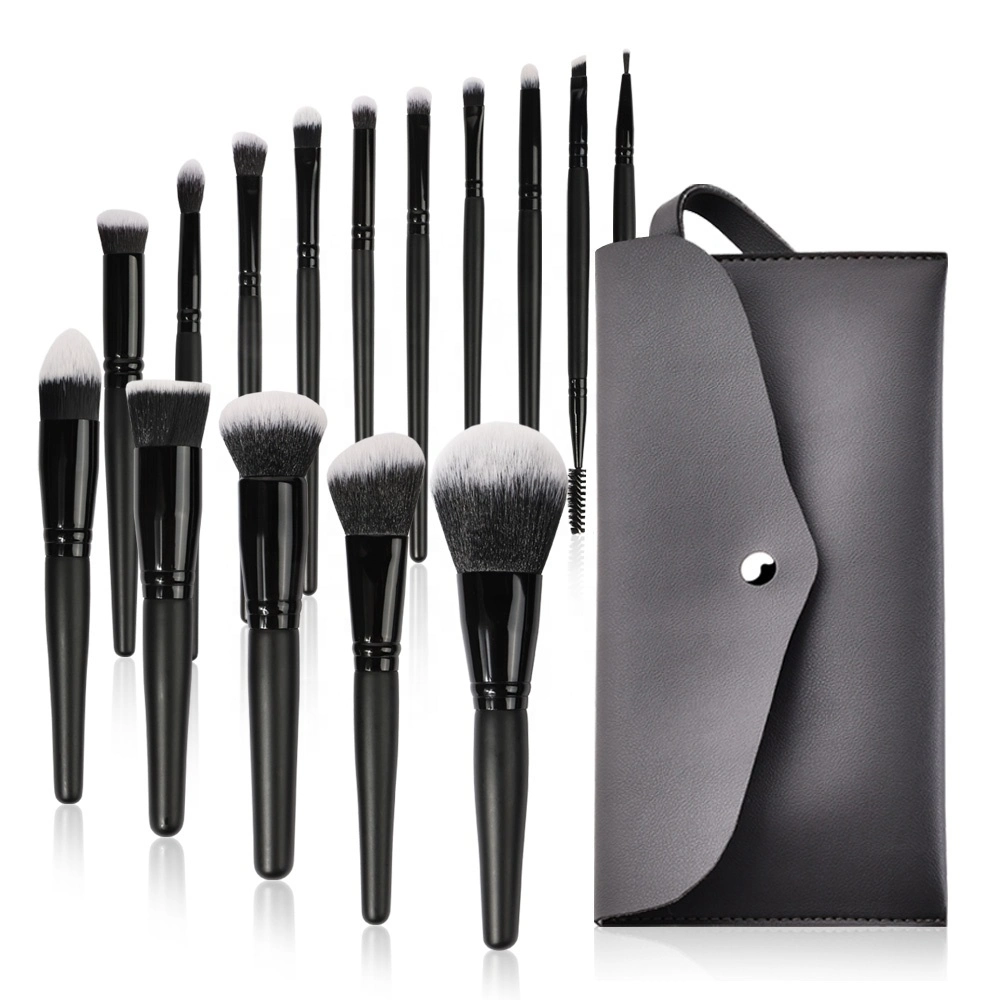 Professional Powder Blush Wood Handle Synthetic Hair Cosmetic Foundation Black 15PCS Vegan Custom Logo Makeup Brushes