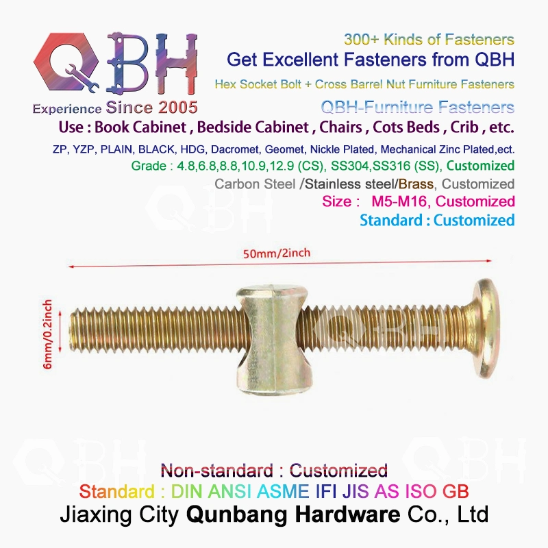 Qbh Custemized M6X50 Yellow Zinc Plating Plated Carbon Steel Bolt & Nut Furniture Bed Hardware