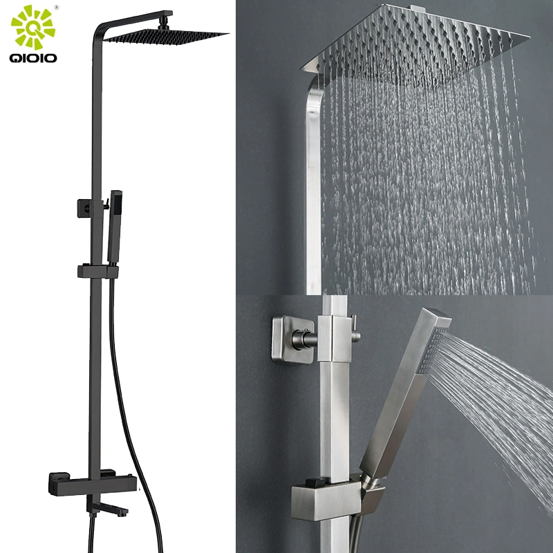 Jiangmen Factory Wholesale/Supplier European Style 304 Stainless Steel Square Hot and Cold Bathroom Wall Mounted Thermostatic Shower Faucet Mixer Tap Kits