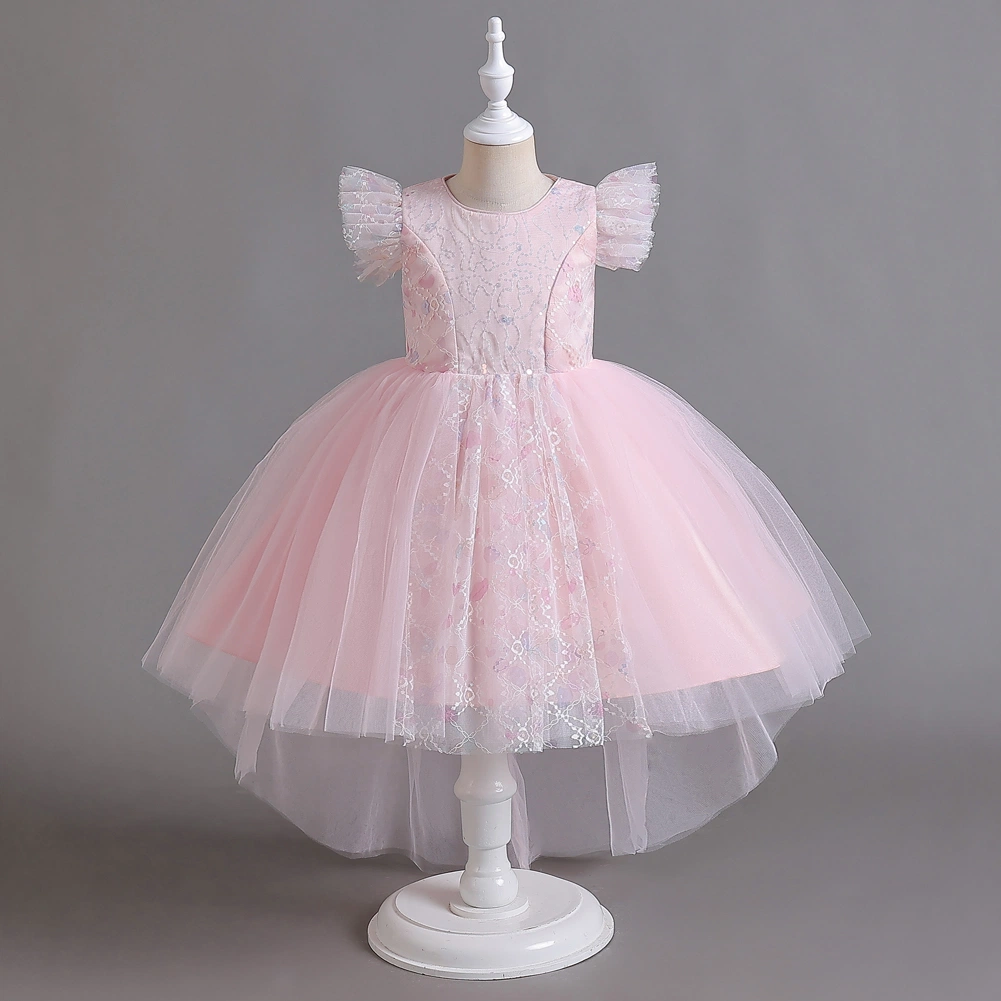 Estilo occidental largo encaje chica vestir de boda Rosa suave Banquete niños Princesa vestir elegante niños Prom Dresses para 3-12y