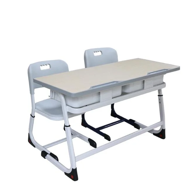 Modern School Furniture Two Students Wooden Study Table Desk and Chairs Set