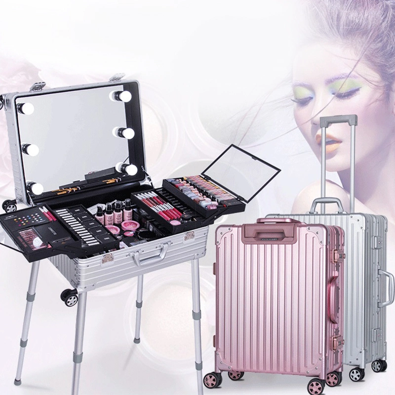 Rolling Makeup Case Portable Aluminum Train Table Case Makeup Trolley Station Vanity Mirror Cosmetic Box Salon