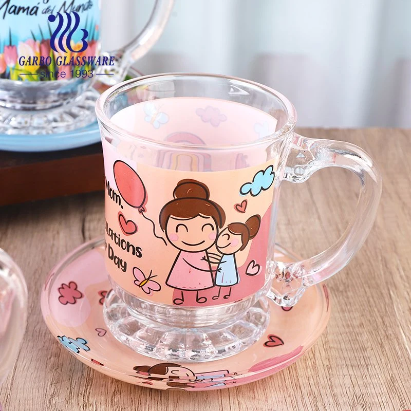 South America Hot Sales Glass Mug and Saucer Set with Full Decal Printing Mother's Day Promotion Customized Glass Cup Set