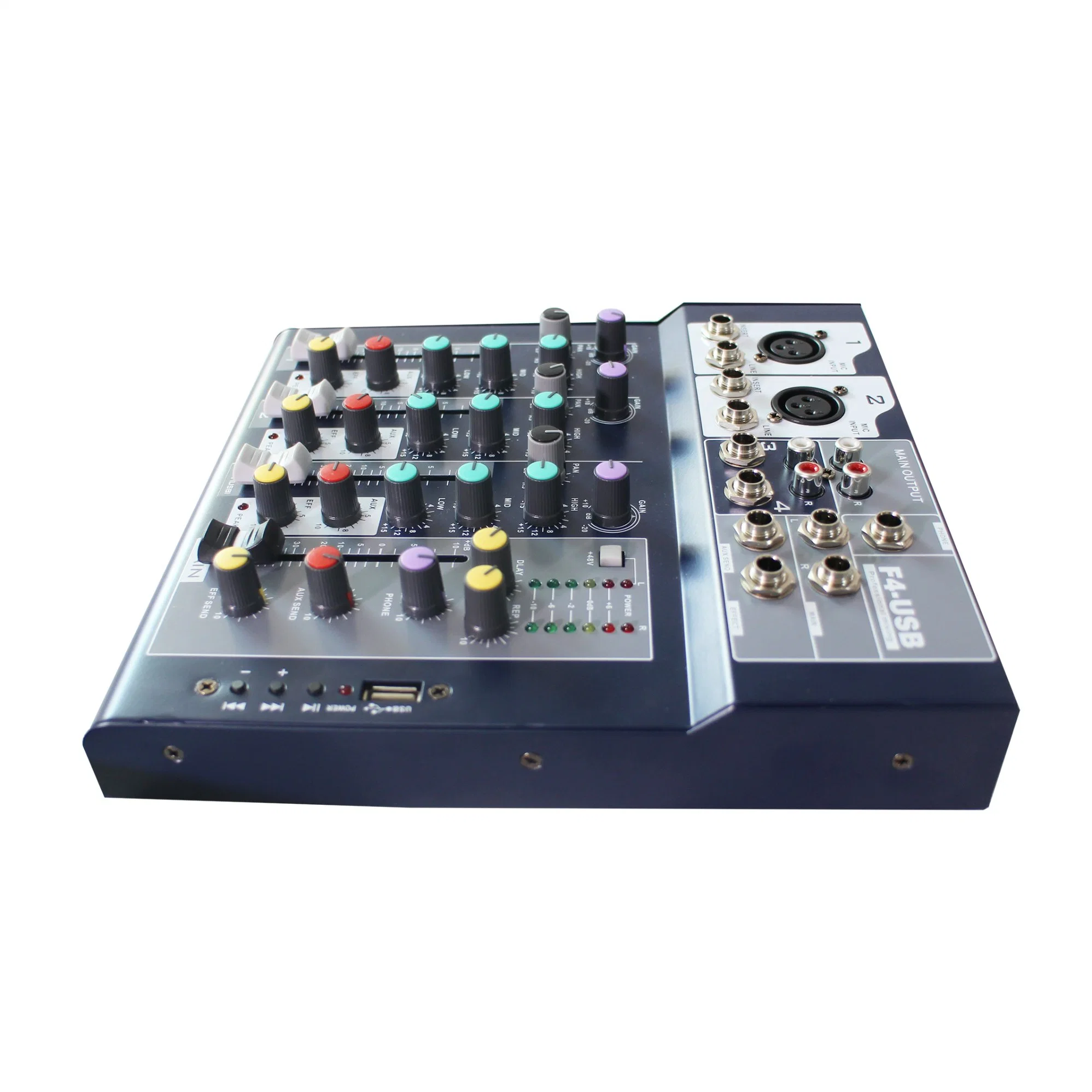 High Quality 4 CH Compact Audio Mixer with 3-Band Channel Equalizer Professional Audio Mixer