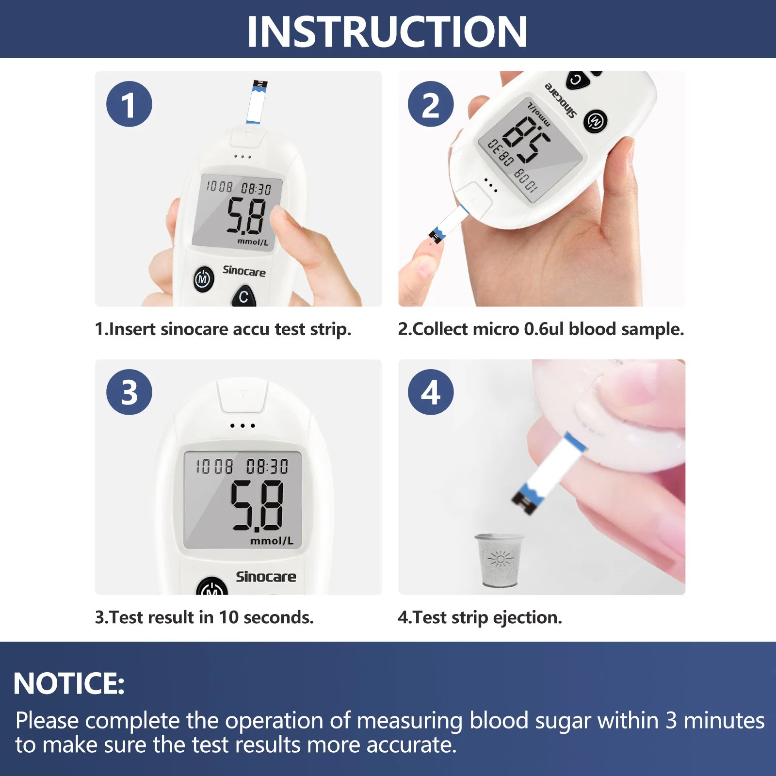 Sinocare Sugar Test Strips Kit for Diabetes Monitoring Digital Blood Glucose Meter Monitor