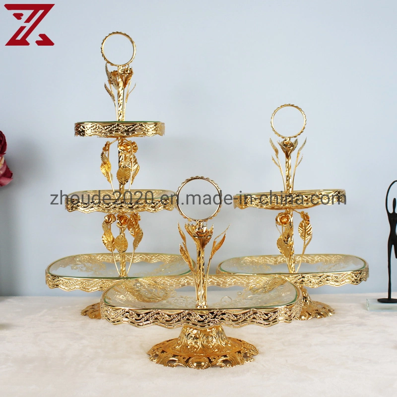 Custom Iron Frame Multi Layer Bowl Dish Tray with Fruit Stand Gold Plated Food Fruit Glass Plate for Party