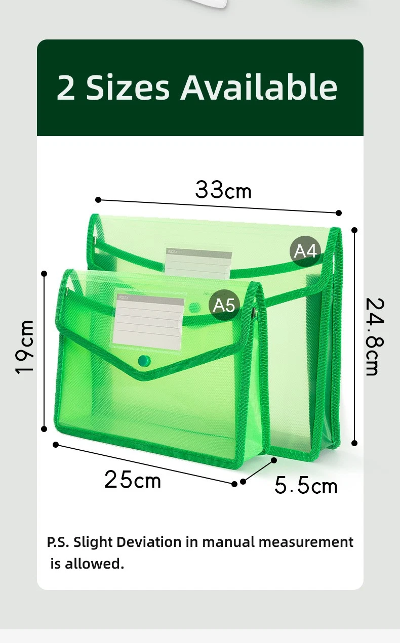 Tamaño A4 de archivos de gran volumen de color verde cartera con Clip de plástico de la carpeta de archivos Organizador de botón/mayorista de la Escuela de papelería y suministros de oficina 5pcs/paq.