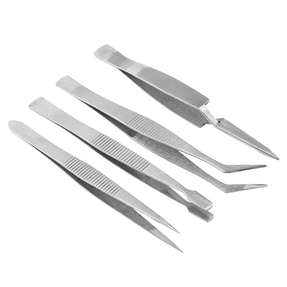 4PCS/Set Precision Tweezers Stainless Steel Thick Electronics Forceps Eyebrow Tweezers Anti-Skid Makeup Repair Multi Tools