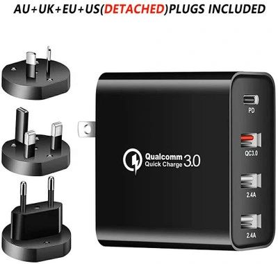 4 Anschlüsse Schnellladegerät QC 3,0 48W USB-Ladegerät tragbar Au/UK/EU/US-Stecker Freistehendes Reise-USB-Wandladegerät