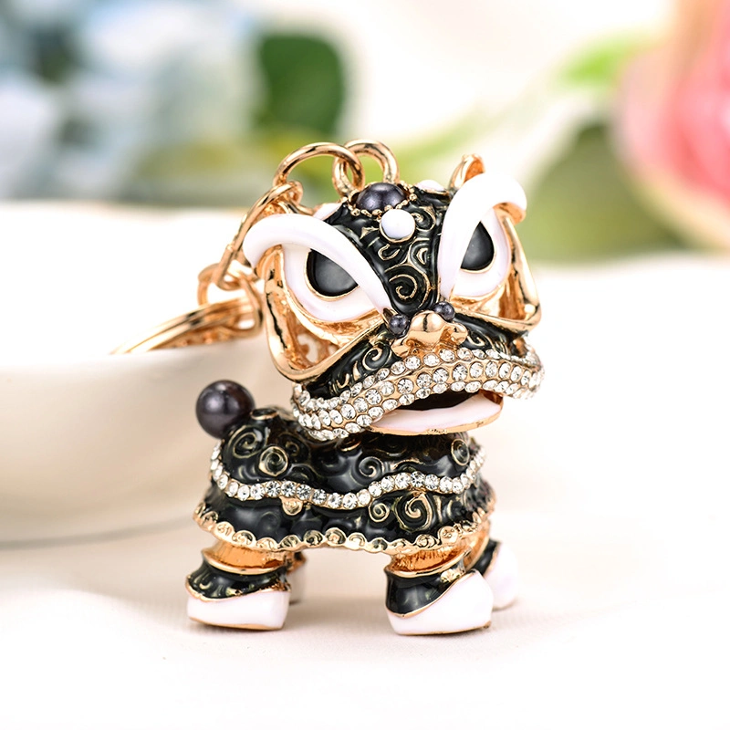 Chinese Style Rhinestone Lion Dance Metal Car Accessories Creative Keychain