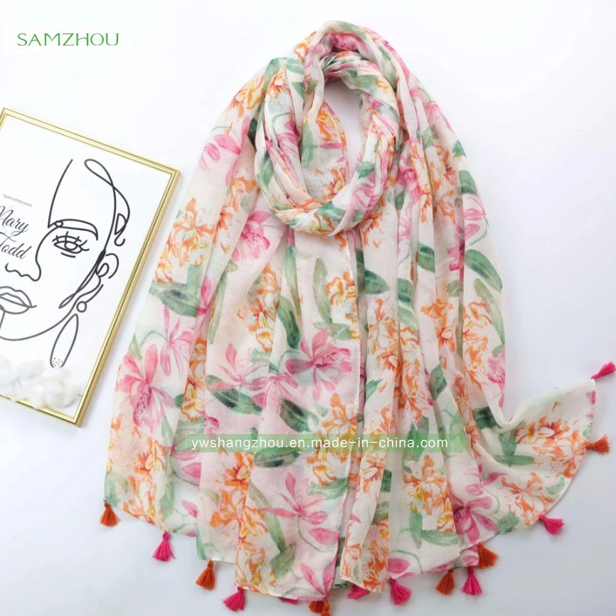 Viscose Pink Printed Shawl Fashion Ladies Cotton Scarf with Tassel