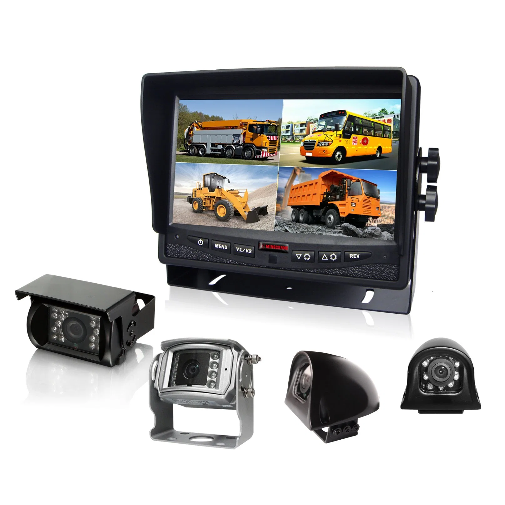 DC12V-24V 7inch Quad Rear View Car LCD Monitor 4CH AV for Truck, School Bus