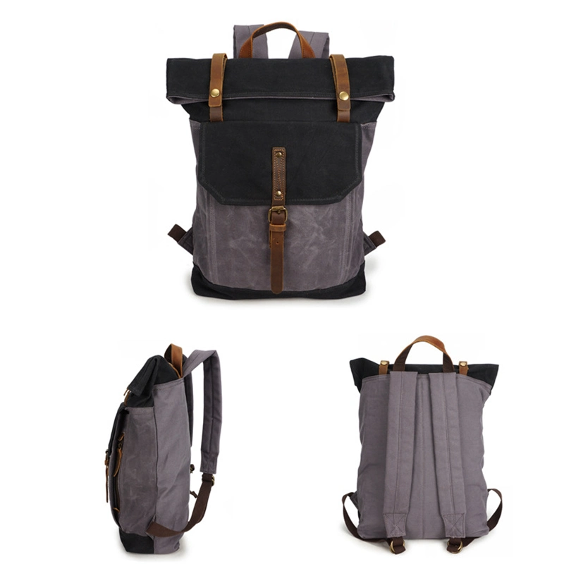 Custom Outdoor Waterproof Laptop Backpacks Travel Leather Waxed Canvas Rucksack