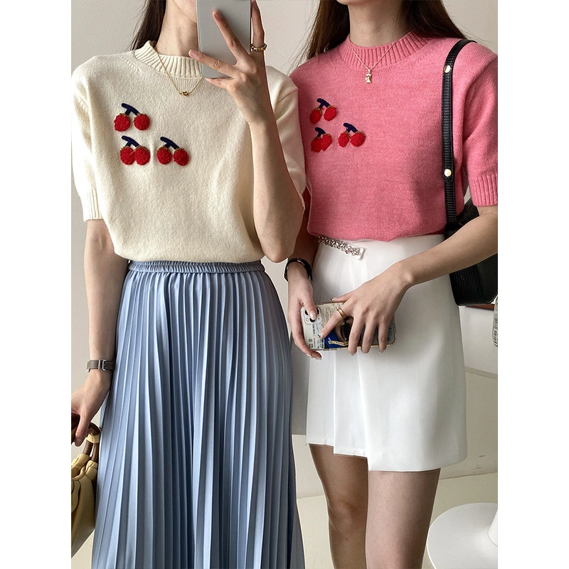 Summer Casual Women Cherry Embroidery Knitted Pullover Top Shirt