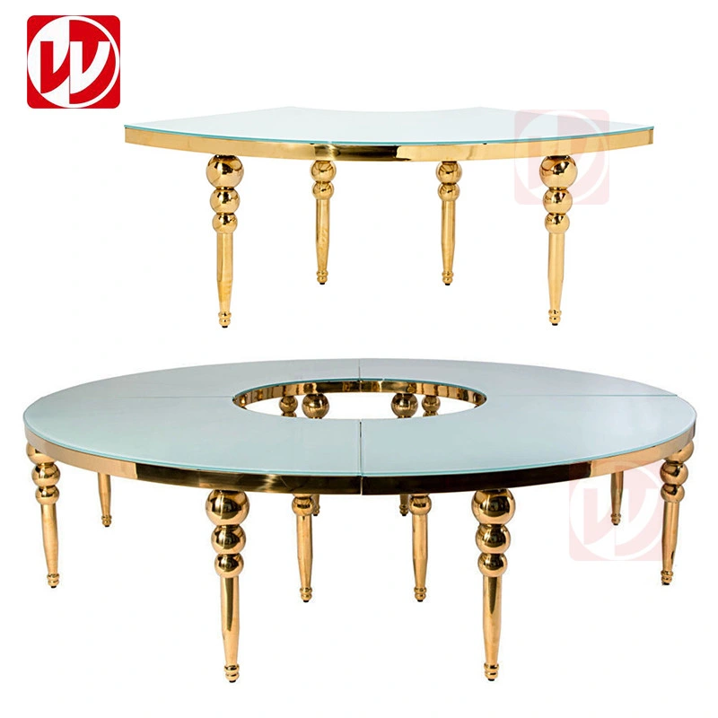 Mesa Redonda de 340 cm Luxury Wedding Serpentine espelho de vidro dourado Mesa de restaurante para banquetes Half-Moon em aço inoxidável brilhante para festas