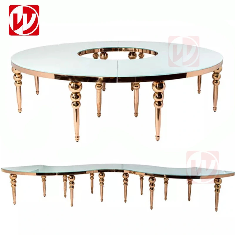 Mesa Redonda de 340 cm Luxury Wedding Serpentine espelho de vidro dourado Mesa de restaurante para banquetes Half-Moon em aço inoxidável brilhante para festas