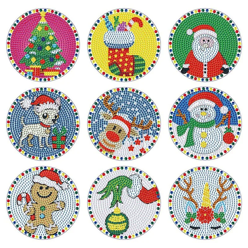 5D Diamond Painting Coaster Santa Claus DIY Single-Sided Stick Drill Acrylic 9-Piece a Set with Shelf Color Box