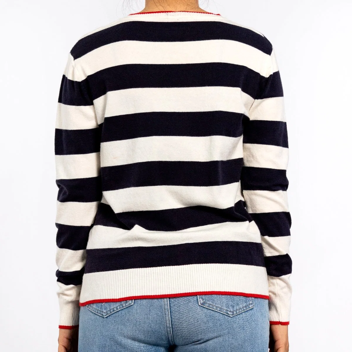 Women's Round Neck Embroidered Letters Logo Long Sleeve Pullover Knit Top Striped Sweater