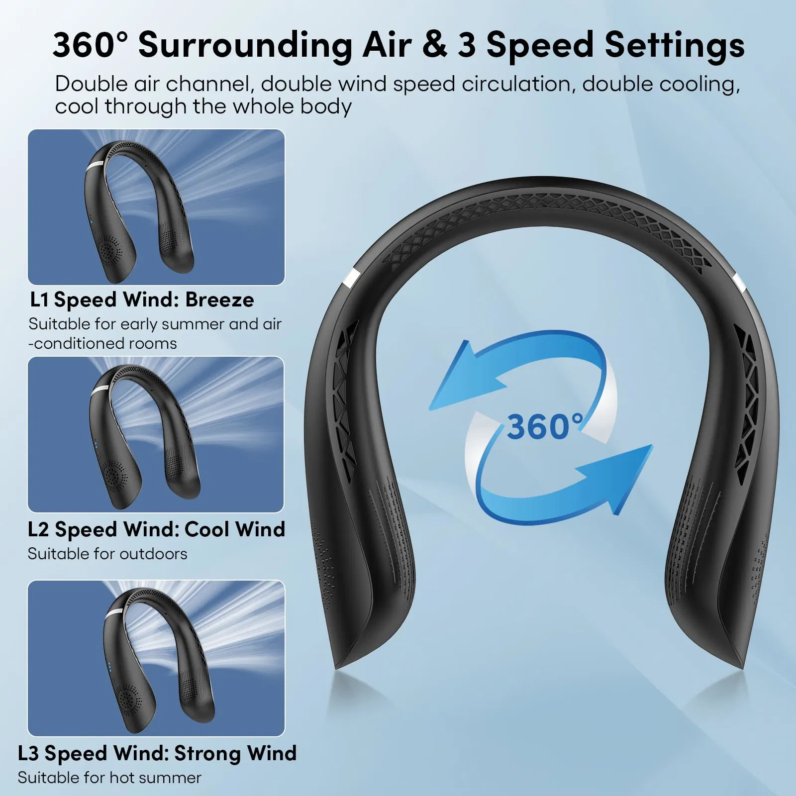 Wholesale/Supplier Hands Free Black USB Rechargeable Cooling Personal Outdoor Portable Neck Fan