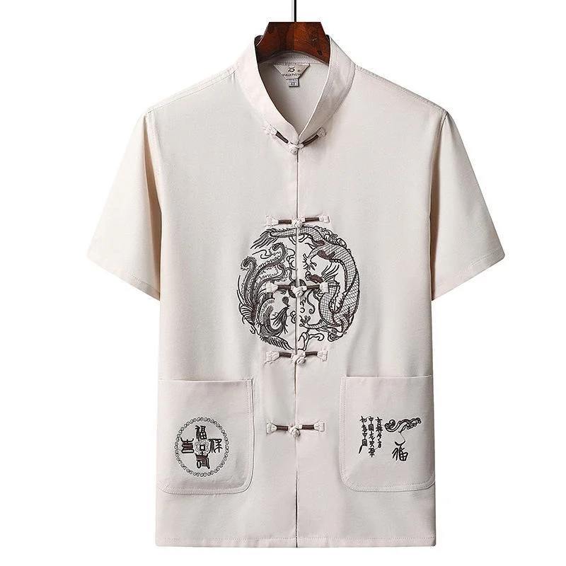 Traditional Chinese Clothing Tang Suit Men Garment Embroidery Logo Anti-Wrinkle Polo Shirts