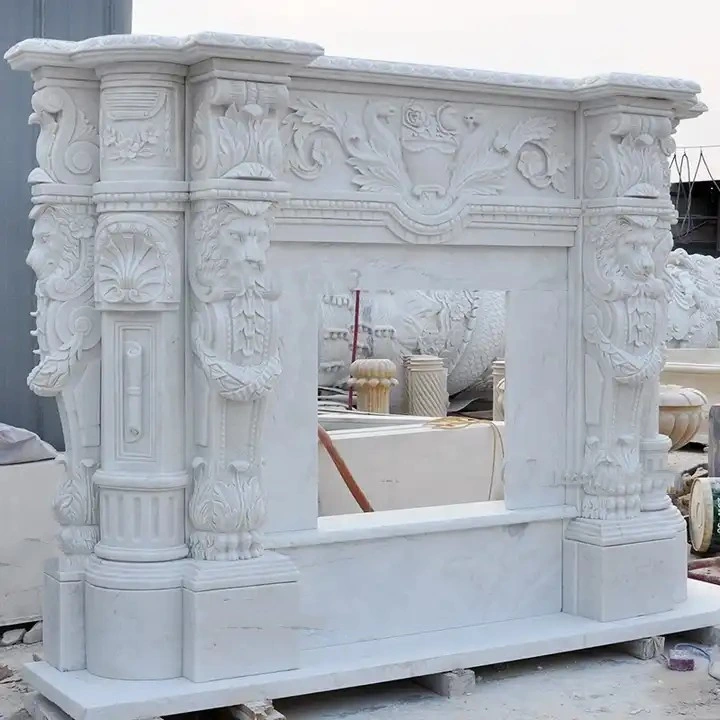 Indoor Home Decoration Stone Fireplace Mantel Surround White Marble Fireplace Mantel Carving