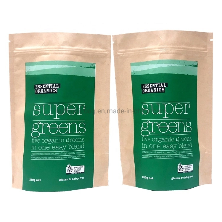 Hot Sale Organic Natural Health Powder Seeds Mix Bags Kraft Paper Packaging Pouch for Super Greens