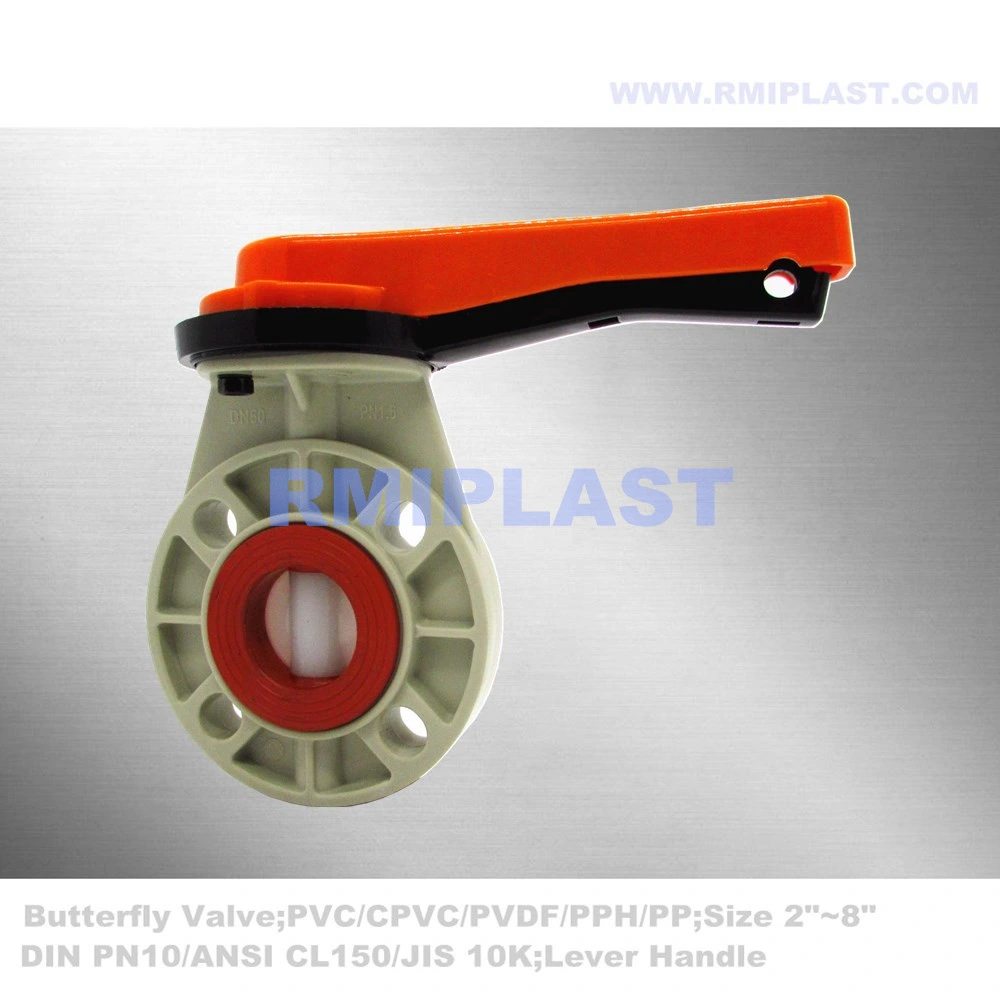 Butterfly Valve of Manual Handle by ANSI Cl150 DIN Pn10 ASTM JIS 10K PVDF PP Pph Wafer Handle Wheel Type Plastic Pipe Valves Industrial Valve