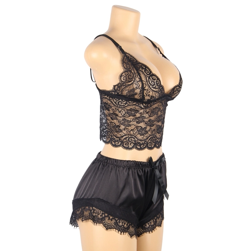 Women Nightwear Black Lace Trim Satin Silk Hollow Sexy Sleepwear Top Pajama Sets