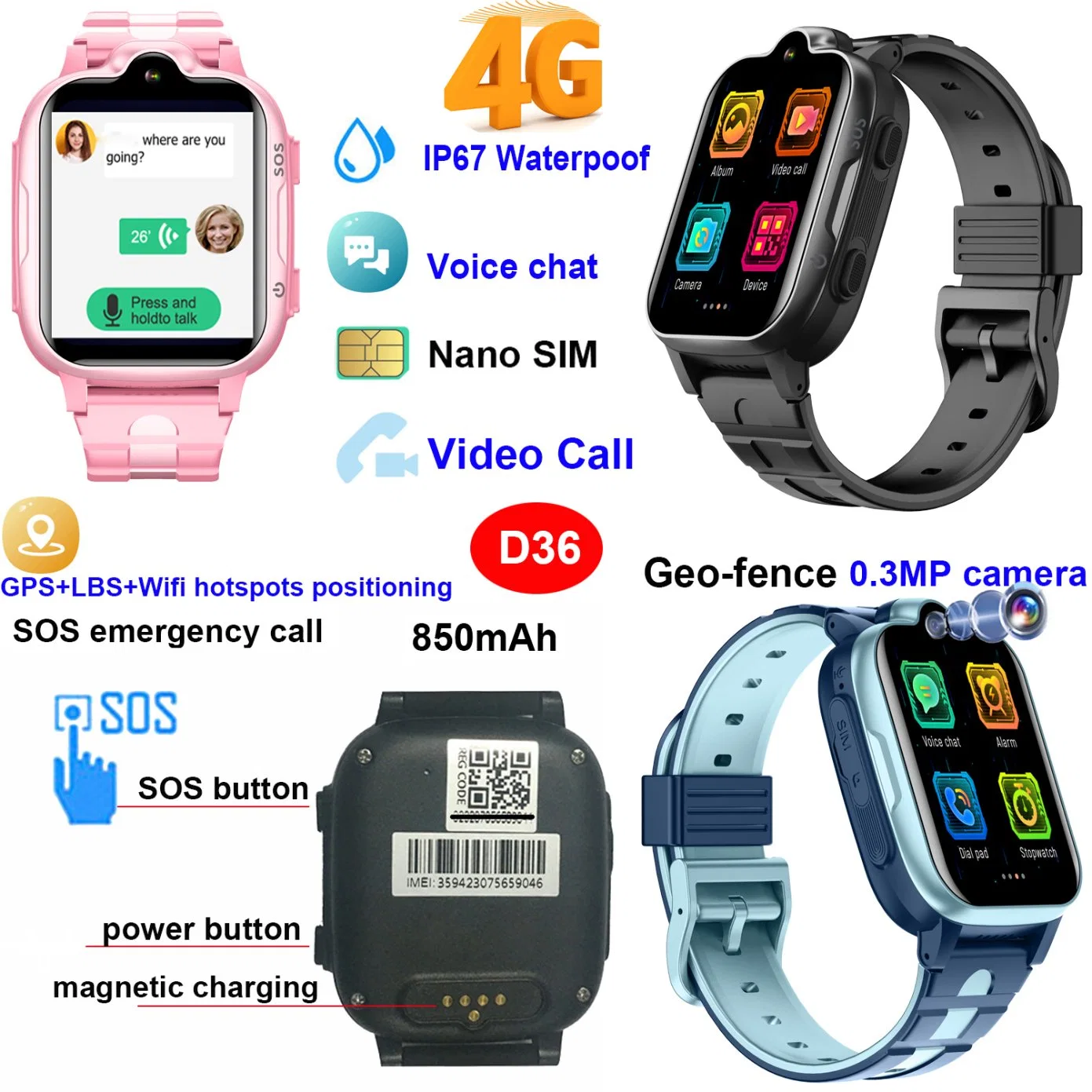 The latest China manufacturer LTE IP67 waterproof tiny design intelligent accurate Kids Children GPS Watch tracker Phone with video call D36