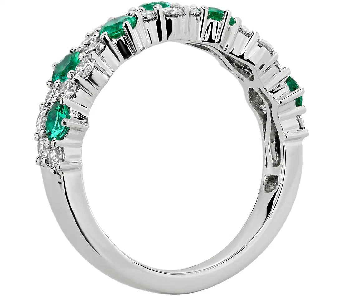 Staggered Emerald and Diamond Ringin 14K White Gold