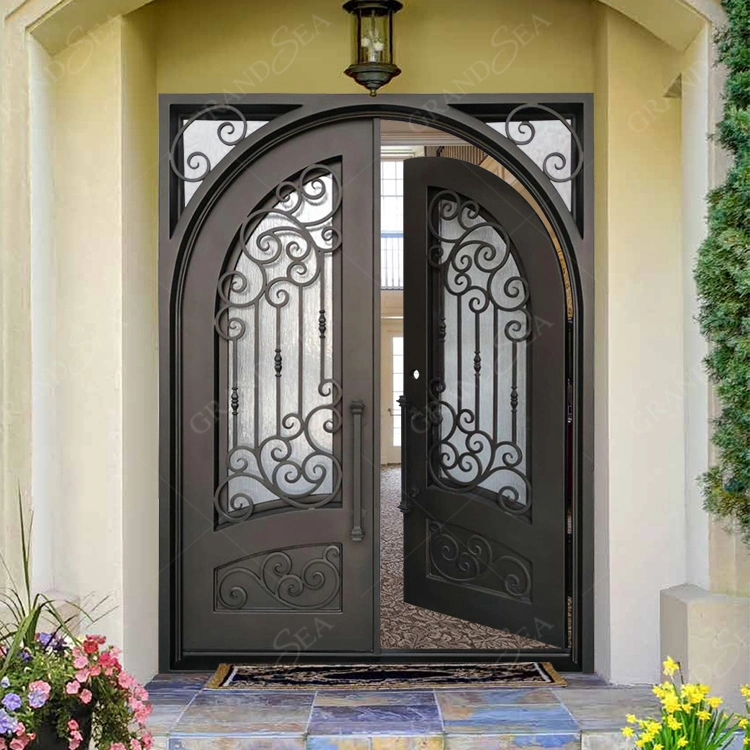 Basic Customization European Security Home Arched Single Double Main Entrance Front Entry Wrought Iron Door Price