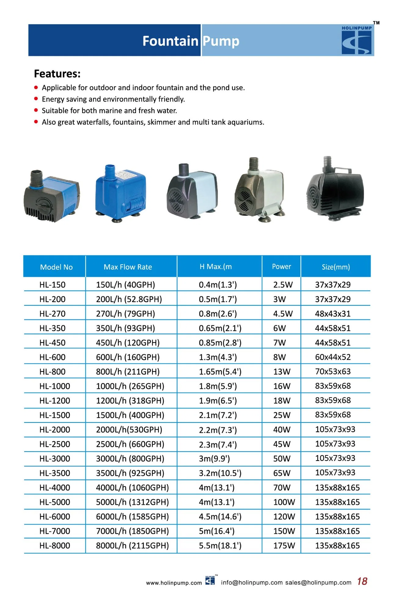 Mini Pump Submersible Fountain Pump (HL-800) Ingle-Stage Submersible Pump