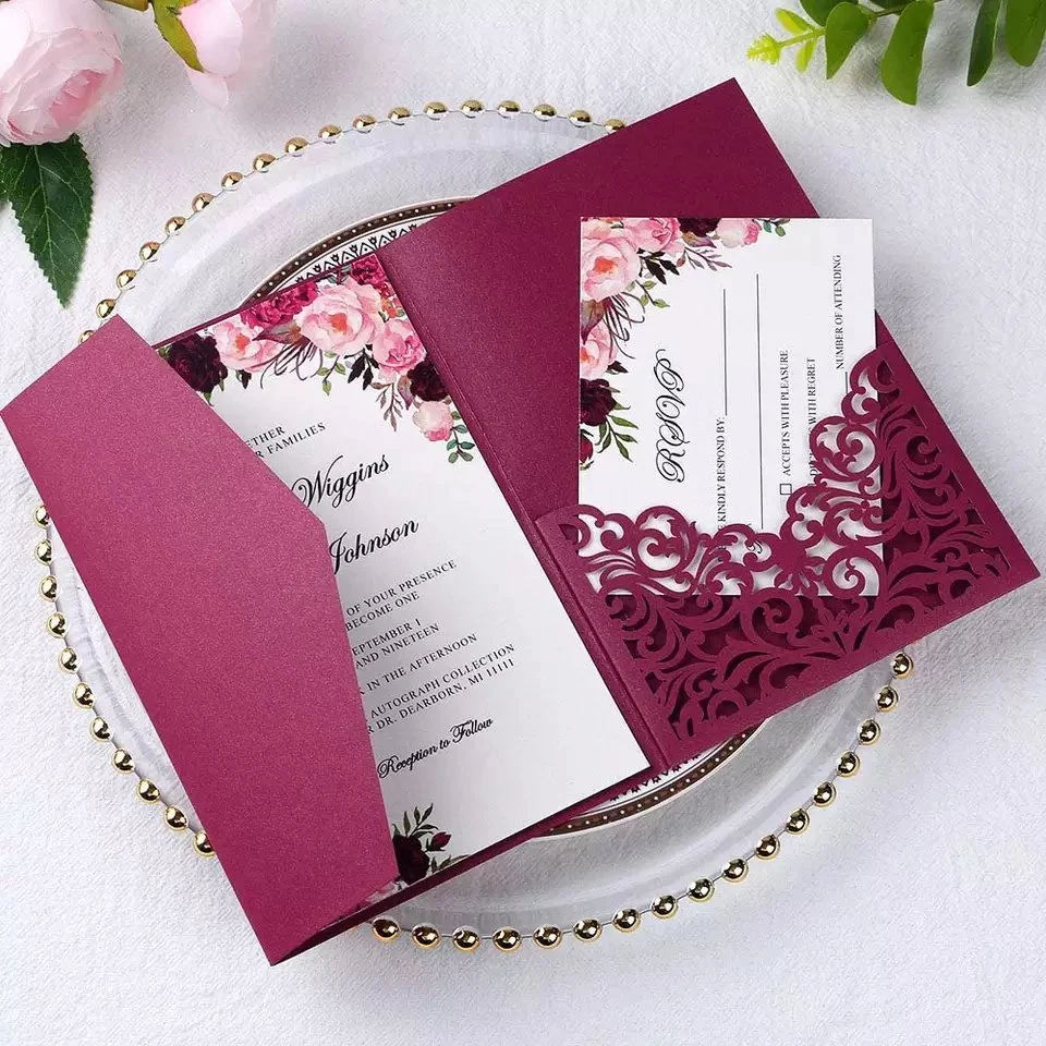 High Quality Fold Wedding Invitations Cards Greeting Laser Cut Red Invitation Wedding Thank You Card for Bridal Shower Birthday