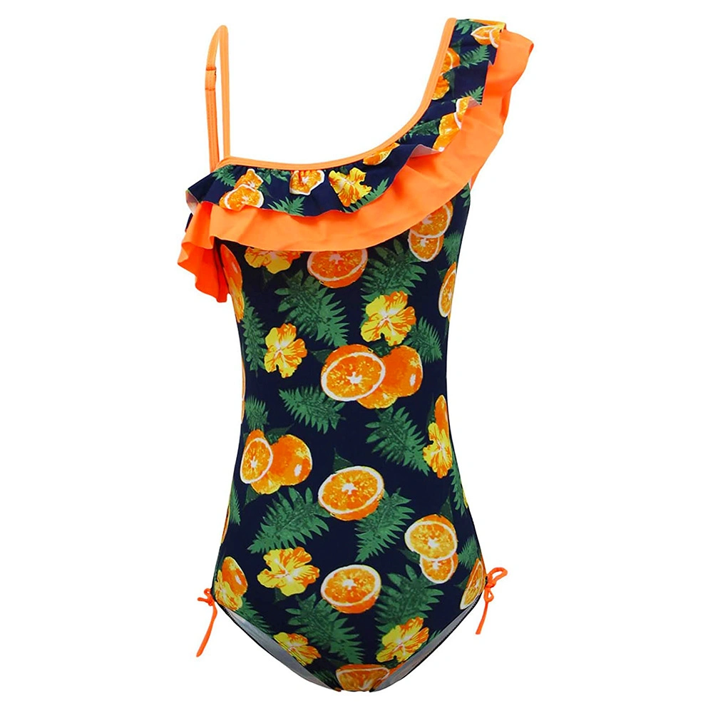 2021 Orange Lemons Kids Ruffle One Piece Swimwear Girls Swimsuit Children Monokini Nylon Fabric Bathing Suit for Baby Girl
