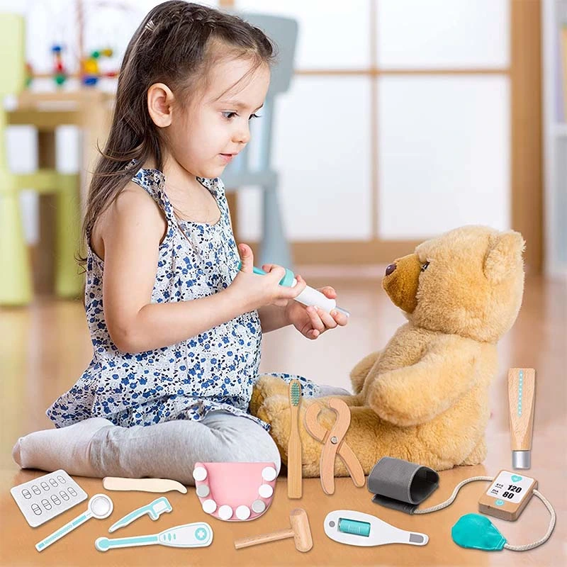 Pädagogische Zahnarzt Krankenschwester Arzt Medizinische Kit Vorgeben Rollenspiel-Sets Holzspielzeug für Kinder