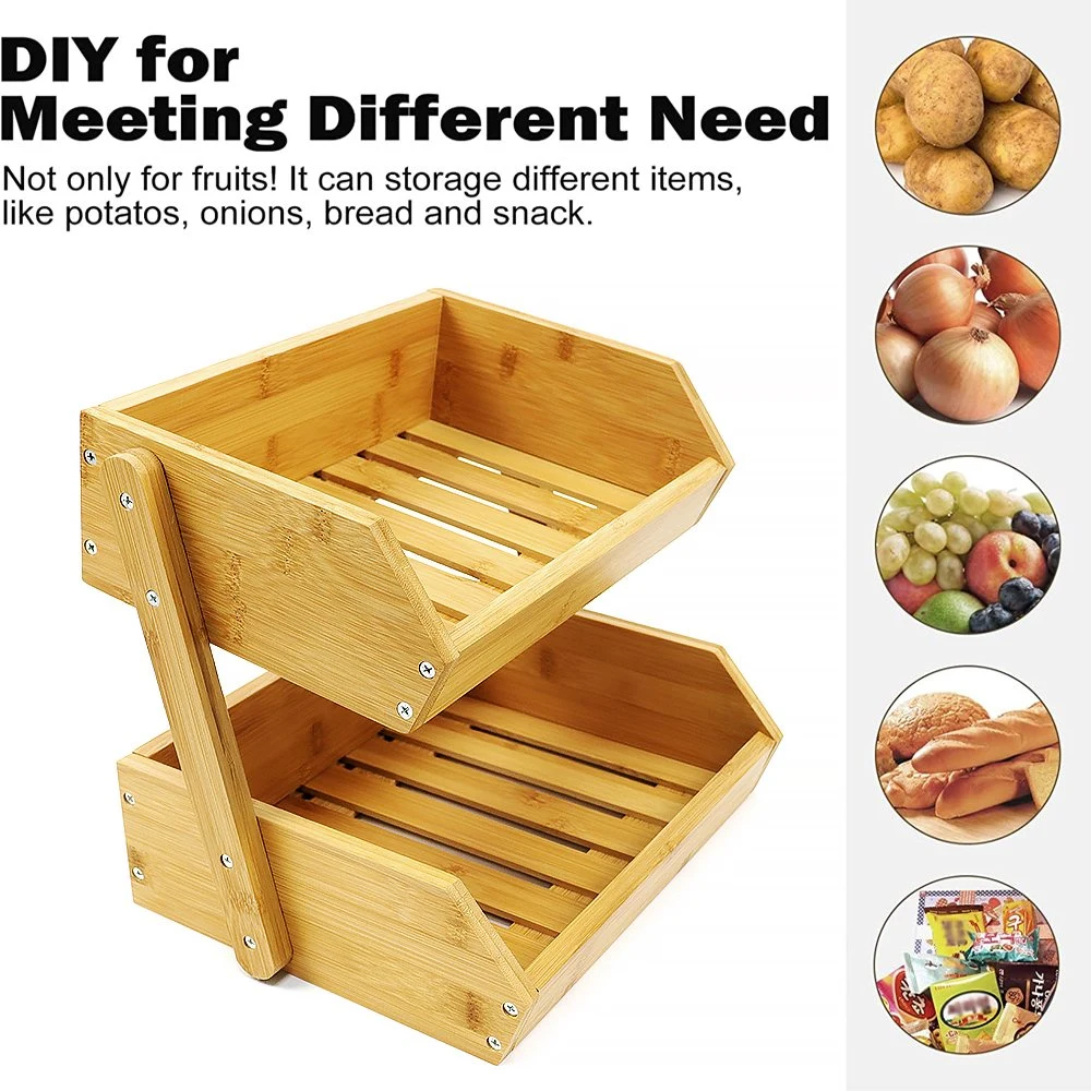 2 Tier Bamboo Fruit Basket for Kitchen Fruit Bowl for Kitchen Counter Large Capacity Fruit and Vegetable Storage