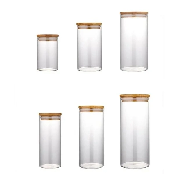 Small Capacity Food Storage Container with Bamboo Lid High Storage Jar Candle Candy Cookie Jar with Wooden Lid Glass Bottle for Sale