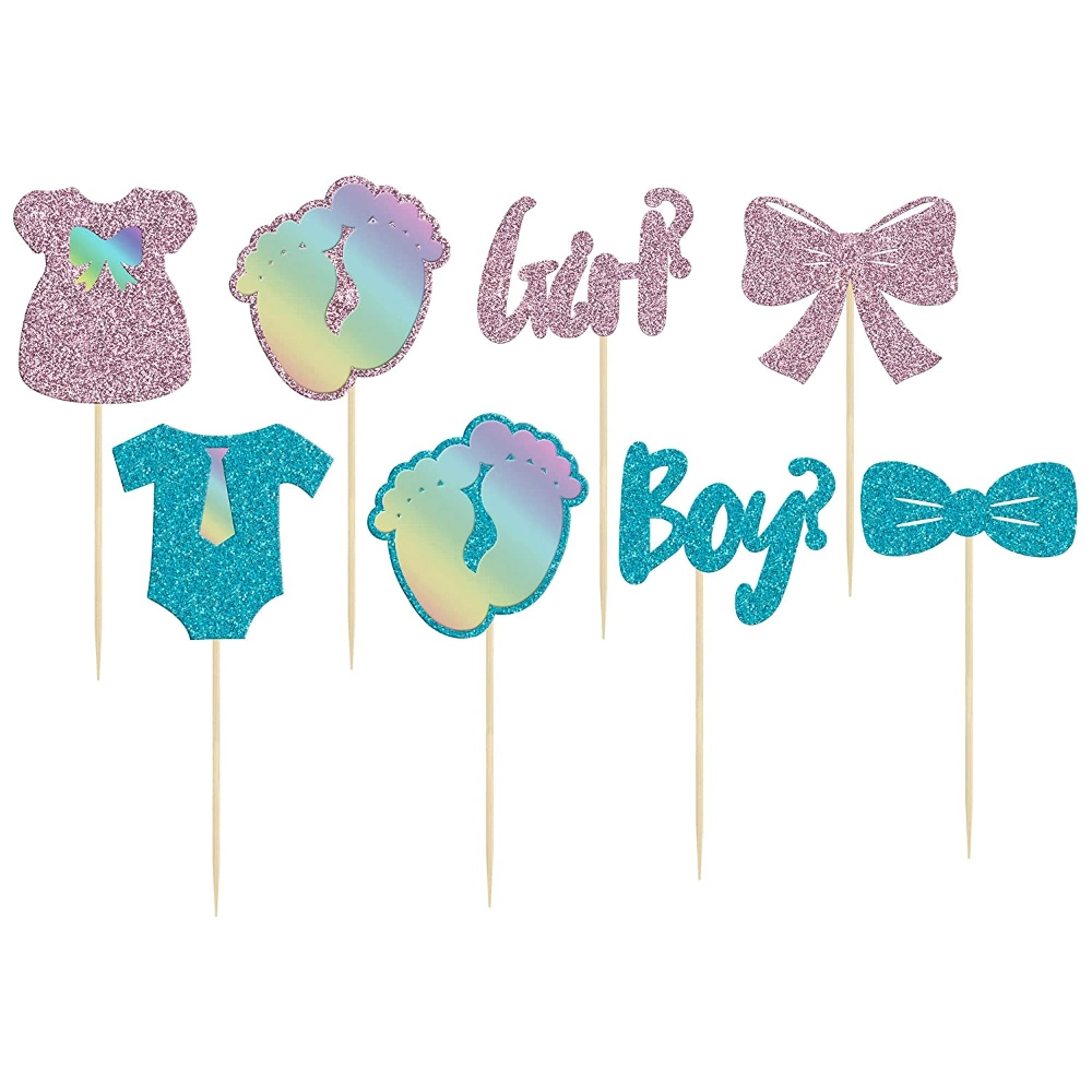 24 PCS Boy or Girl Cupcake Toppers Glitter Onesie Jumpsuit Footprint Bow Tie Cupcake Picks Baby Shower Kids Birthday Gender Reveal Party Cake Decorations Supply