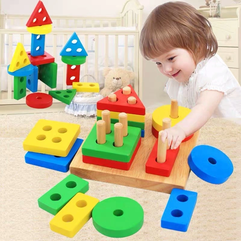 Geometric Shape Matching Four Sets of Pillar Building Blocks for Montessori Early Education Aids for Children Aged 1-2 to 3 Years Old Puzzle Toys