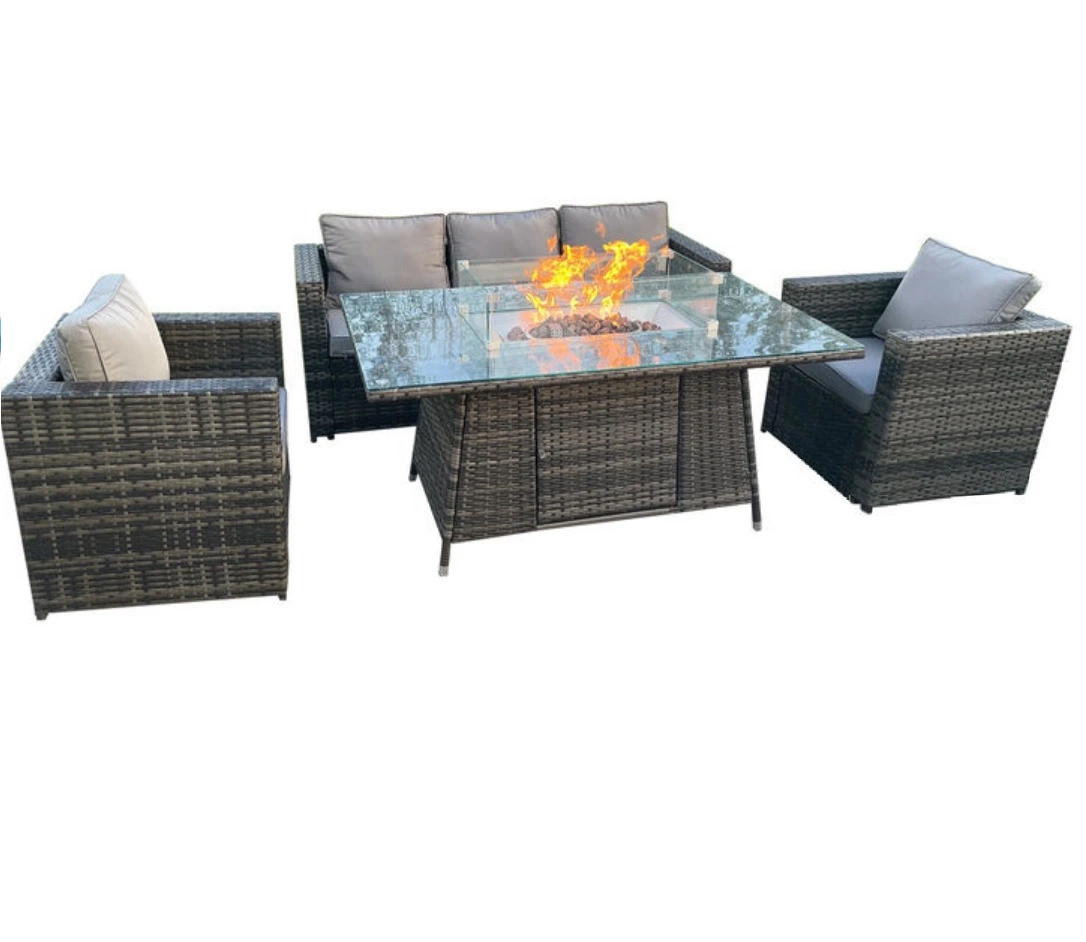 5 Seater Outdoor Garden Rattan Patio Furniture Sofa Set with Gas Fire Pit Table