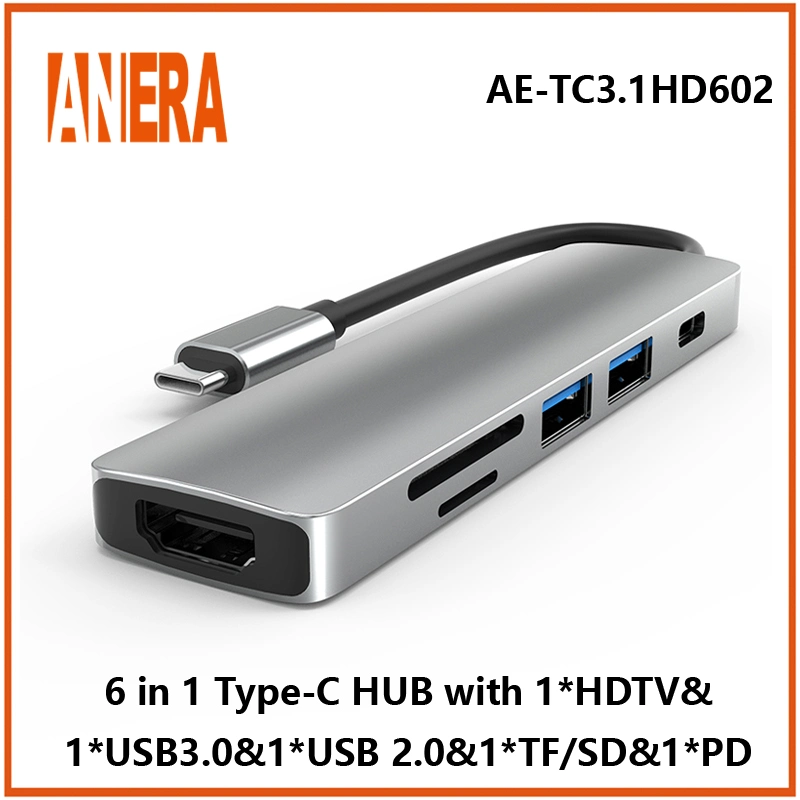 Haute performance 6 en 1 USB C Portable Type C Hub Adaptateur avec USB3.0/2.0 Hub SD/TF 2.0 Lecteur de carte Pd Charging et HDMI.