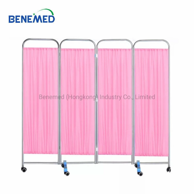 Hospital Furniture Stainless Steel 4 Foldings Mobile Patient Ward Screen with Panels