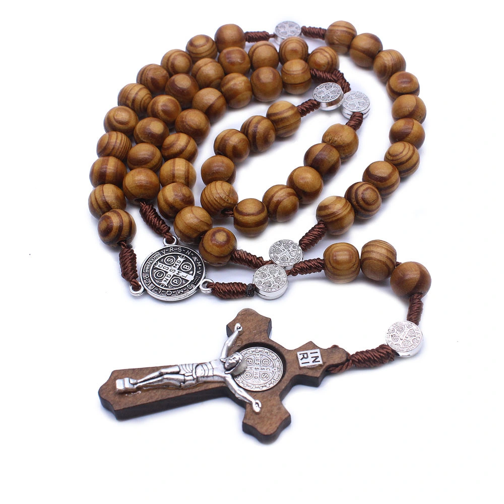 Catholic Rosary Beads Necklace Handmade Wooden Cross Ornament Necklace Jewelry